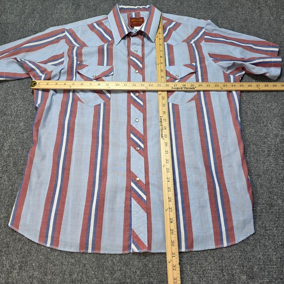 Rustler Mens XL Vintage Western Pearl Snap Shirt Short Sleeve Striped Blue Red - Picture 4 of 5
